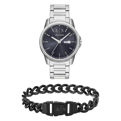 Armani Exchange Herren Silberfarbene Edelstahl Uhr und Armband Schwarz, Set von Armani Exchange