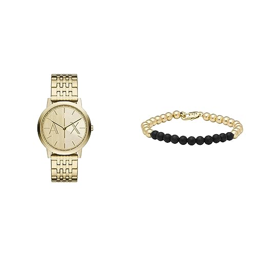 Armani Exchange Herrenuhr und Perlenarmband - Zweizeiger, Goldfarbene Edelstahluhr und zweifarbiges Messingarmband von Armani Exchange