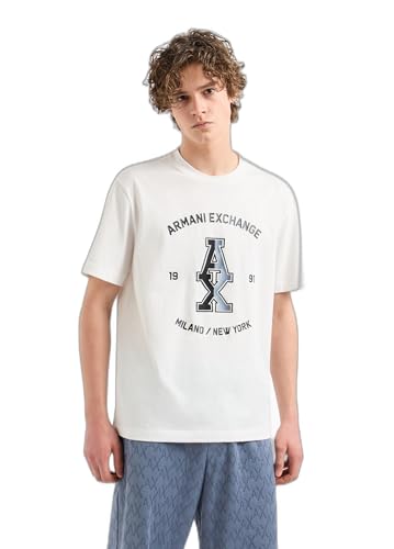 Armani Exchange Men's The Grid, Sustainable, Color Contrast Embroidered Logo T-Shirt Off White,M von Armani Exchange