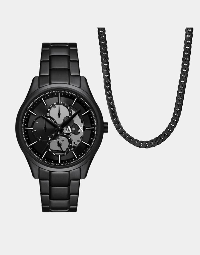Armani Exchange - Multifunction - Set aus Edelstahl in Schwarz, aus Uhr und Halskette von Armani Exchange