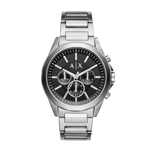 Armani Exchange Silver tone Watch For Men, Quarz-Chronographenwerk und 44mm Gehäusegröße mit Edelstahlarmband, Silberton und Dunkelgrau von Armani Exchange