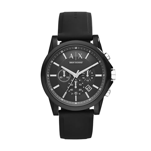 Armani Exchange Watch For Men, Quarz-Chronographenwerk und 44mm Gehäusegröße mit Silikonarmband, Schwarz von Armani Exchange