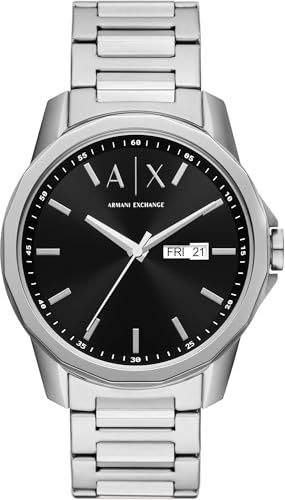 Armani Exchange Uhr für Männer, Dreizeigerwerk, 44MM Silber Recycled Edelstahl (Mindestens 50%) Gehäuse mit einem Edelstahlarmband, AX1733 von Armani Exchange