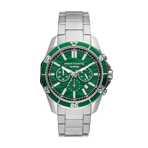Armani Exchange Silver Tone Watch for Men, Quarz-Chronographenwerk und 44mm Gehäusegröße mit Edelstahlarmband, Silberton und Korallgrün von Armani Exchange
