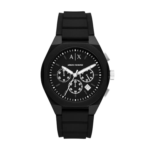 Armani Exchange Watch for Men, Quarz-Chronographenwerk und 44mm Gehäusegröße mit Silikonarmband, Tiefschwarz und Weiß von Armani Exchange