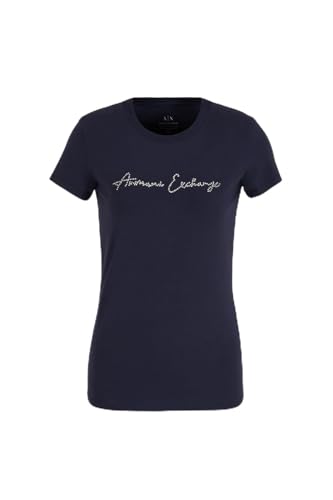 Armani Exchange Women's Rhinestone Script Logo Cotton Crewneck T-Shirt Blueberry Jelly, L von Armani Exchange