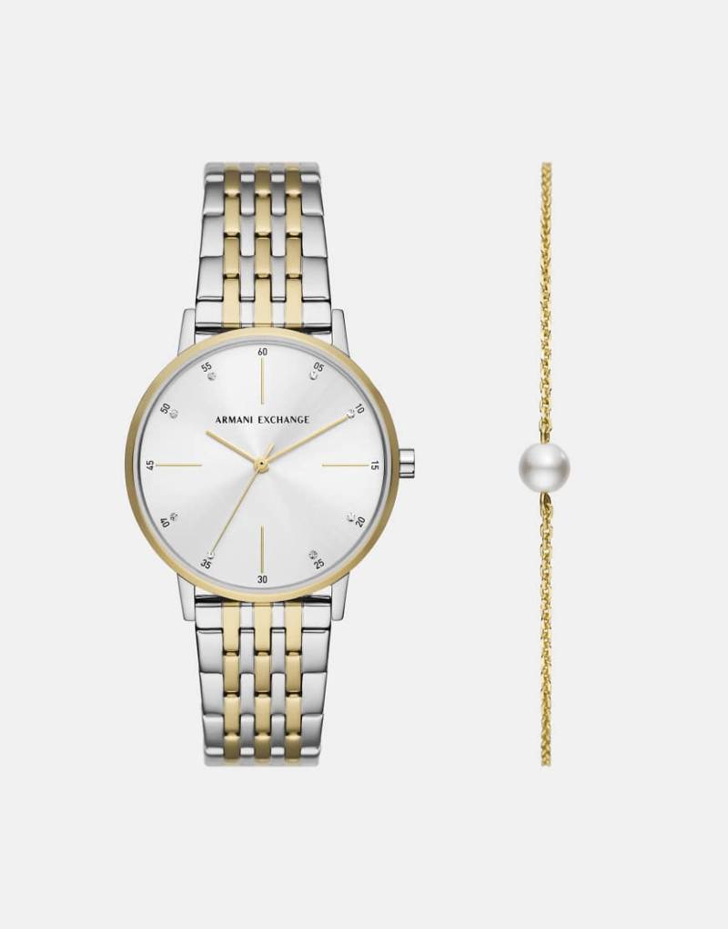 Armani Exchange - Zweifarbiges Set aus Edelstahl in Gold-Silber, aus Uhr mit drei Zeigern und Armband-Goldfarben von Armani Exchange