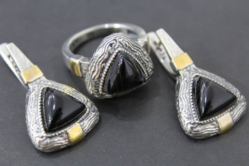 Ring Und Ohrringe Natürliche Obsidian Dunkelbraun Edelstein Set Sterling Silber 925 Mit Vergoldeten Teilen von ArmenianSpirit