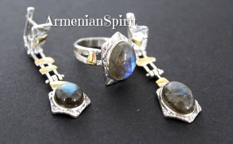 Set Labradorit Blau Edelstein Silber Vergoldet Schmuck Ohrringe Mit Englisch Verschluss Und Ring Verschiedenen Design Sommer Geschenk von ArmenianSpirit