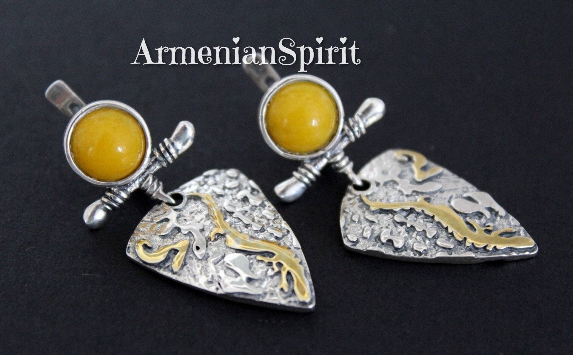 Silber 925 Schmuck Ohrringe Gelb Jadeit Edelstein Moderne Vergoldet Silber 925 Schmuck Ohrringe Gelb Jadeit Edelstein Moderne Vergoldet von ArmenianSpirit