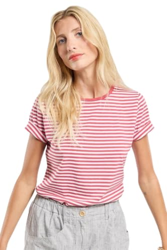 Armor Lux Frau Rayé À Manches Courtes Col Rond en Coton et Lin Femme T-Shirt, Weiß/Garnet Rosa, Large von Armor Lux