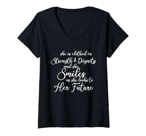 Damen Sprüche 31:25 She is Clothed In Strength Dignity Christian T-Shirt mit V-Ausschnitt Damen Sprüche 31:25 She is Clothed In Strength Dignity Christian T-Shirt mit V-Ausschnitt von Armor and Grace