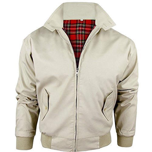 Harrington-Jacke mit kariertem Futter, gefertigt in Großbritannien, Herren, mit Reißverschluss, klassische Bomberjacke Gr. Large, STONE (BEIGE) von Army And Workwear