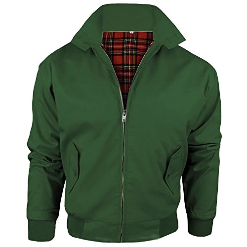 Harrington-Jacke mit kariertem Futter, gefertigt in Großbritannien, Herren, mit Reißverschluss, klassische Bomberjacke Gr. Large, grün von Army And Workwear