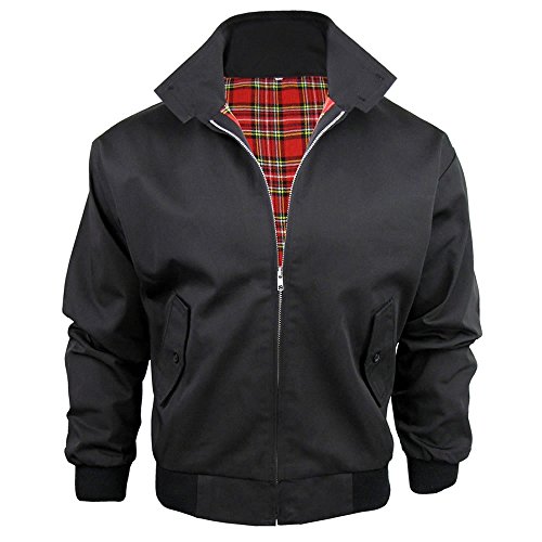 Harrington-Jacke mit kariertem Futter, gefertigt in Großbritannien, Herren, mit Reißverschluss, klassische Bomberjacke Gr. Large, schwarz von Army And Workwear