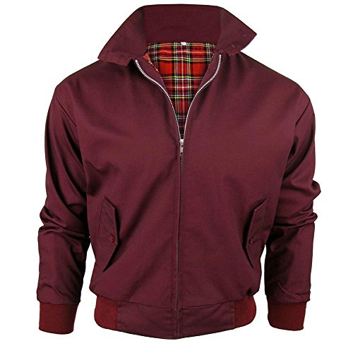 Harrington-Jacke mit kariertem Futter, gefertigt in Großbritannien, Herren, mit Reißverschluss, klassische Bomberjacke Gr. Medium, BURGUNDY (WINE) von Army And Workwear