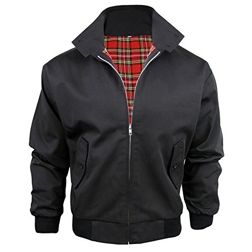 Harrington-Jacke mit kariertem Futter, gefertigt in Großbritannien, Herren, mit Reißverschluss, klassische Bomberjacke Gr. Medium, schwarz von Army And Workwear