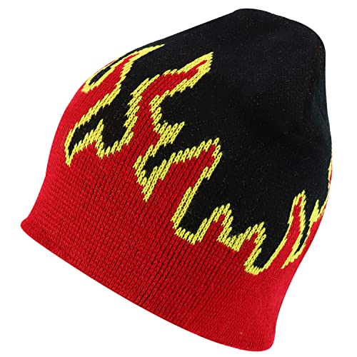 Armycrew 100% Acryl Feuerflamme Muster Kurze Strickmütze Beanie Mütze, Schwarz Rot, Einheitsgröße von Armycrew