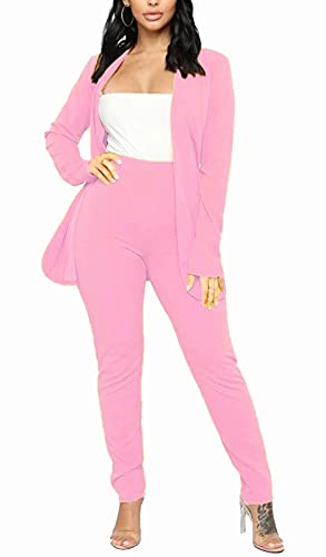 Aro Lora Damen 2-teiliges Outfit Casual Solid Open Front Blazer und Bleistift Hose Anzüge Set, Rosa, Groß von Aro Lora