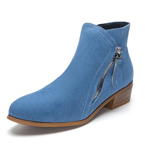 Aro Lora Damen Stiefeletten Ankle Boots mit Reißverschluss Combat Chelsea Cowboystiefel Frauen Kurzschaft Stiefel Blau 42 von Aro Lora