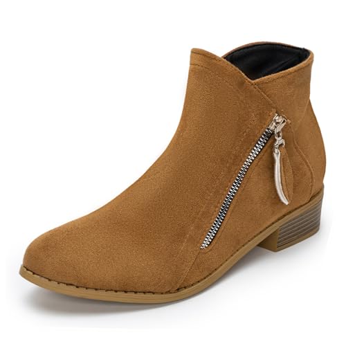 Aro Lora Damen Stiefeletten Ankle Boots mit Reißverschluss Combat Chelsea Cowboystiefel Frauen Kurzschaft Stiefel Braun 37 von Aro Lora