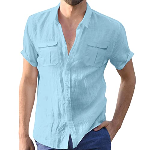 Aro Lora Herren Leinenhemden Kurzarm Strand Shirts Baumwolle Sommer Casual Button Tops, blau, 58 von Aro Lora