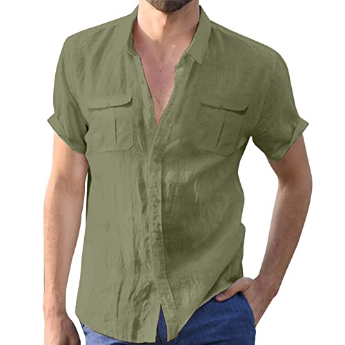 Aro Lora Herren Leinenhemden Kurzarm Strand Shirts Baumwolle Sommer Casual Button Tops, grün, 56 von Aro Lora