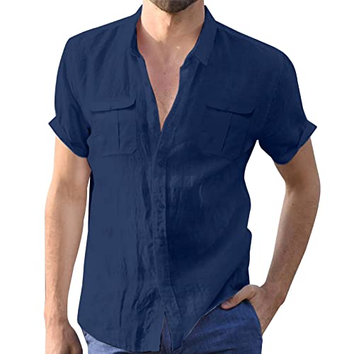 Aro Lora Herren Leinenhemden Kurzarm Strand Shirts Baumwolle Sommer Casual Button Tops, marineblau, Medium von Aro Lora