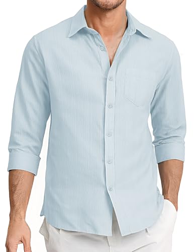 Aro Lora Leinenhemd Herren Freizeithemd mit Knopfleiste kurzärmelig strukturiertes Sommer Strandhemd mit Tasche Blau L von Aro Lora