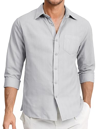 Aro Lora Leinenhemd Herren Freizeithemd mit Knopfleiste kurzärmelig strukturiertes Sommer Strandhemd mit Tasche Grau L von Aro Lora
