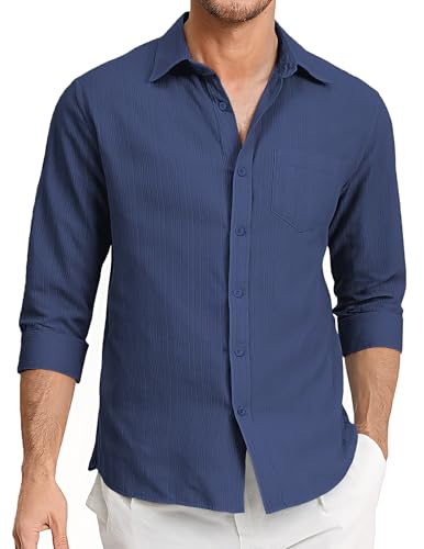 Aro Lora Leinenhemd Herren Freizeithemd mit Knopfleiste kurzärmelig strukturiertes Sommer Strandhemd mit Tasche Marineblau XL von Aro Lora