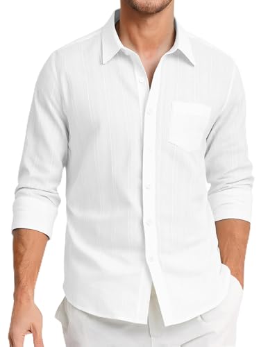 Aro Lora Leinenhemd Herren Freizeithemd mit Knopfleiste kurzärmelig strukturiertes Sommer Strandhemd mit Tasche Weiß XL von Aro Lora