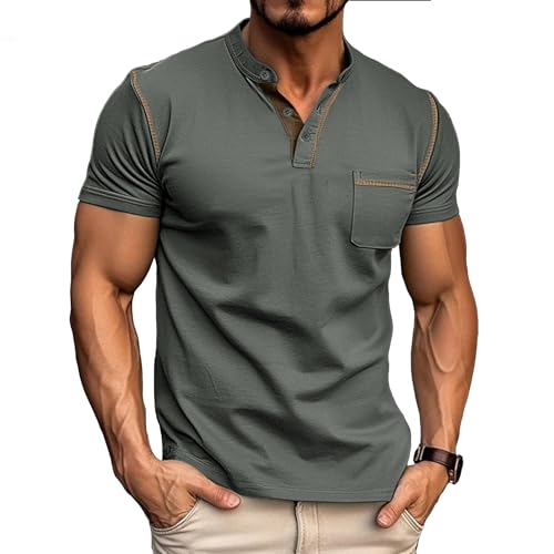 Henley Kurzarm T-Shirts für Herren Baumwolle Hemd Sommer Freizeithemd mit Tasche Knopfleiste Slim Fit T-Shirt Grau M von Aro Lora