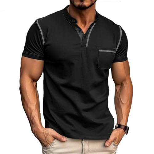 Henley Kurzarm T-Shirts für Herren Baumwolle Hemd Sommer Freizeithemd mit Tasche Knopfleiste Slim Fit T-Shirt Schwarz M von Aro Lora