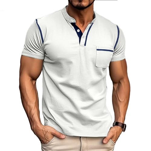 Henley Kurzarm T-Shirts für Herren Baumwolle Hemd Sommer Freizeithemd mit Tasche Knopfleiste Slim Fit T-Shirt Weiß XXL von Aro Lora