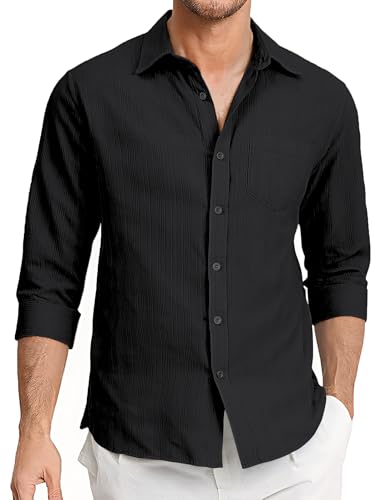 Aro Lora Leinenhemd Herren Freizeithemd mit Knopfleiste kurzärmelig strukturiertes Sommer Strandhemd mit Tasche Schwarz L von Aro Lora