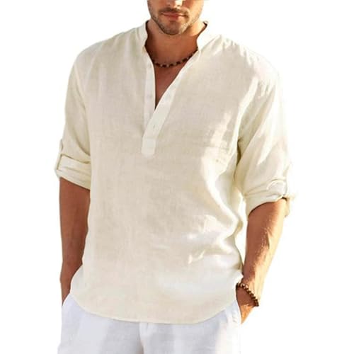 Herren Hemd Sommerhemd Henley Hemd Leinenhemd Baumwolle Casual Sommerhemd Regular Fit Langarm Shirts Beige XXL von Aro Lora