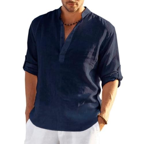 Herren Hemd Sommerhemd Henley Hemd Leinenhemd Baumwolle Casual Sommerhemd Regular Fit Langarm Shirts Marineblau M von Aro Lora