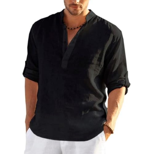 Herren Hemd Sommerhemd Henley Hemd Leinenhemd Baumwolle Casual Sommerhemd Regular Fit Langarm Shirts Schwarz XXL von Aro Lora