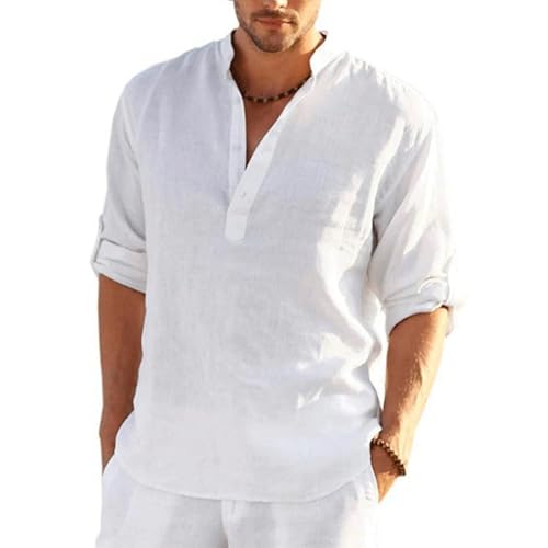 Herren Hemd Sommerhemd Henley Hemd Leinenhemd Baumwolle Casual Sommerhemd Regular Fit Langarm Shirts Weiß S von Aro Lora