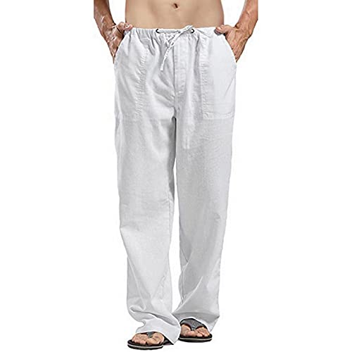 Leinenhose für Herren, Loose Fit Yoga, Hose mit elastischen Kordeln, leichte Taille, Hose, Weiß, 58 von Aro Lora