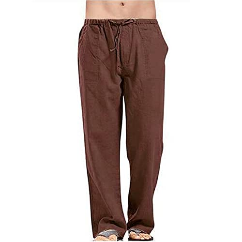 Leinenhose für Herren, Loose Fit Yoga, Hose mit elastischen Kordeln, leichte Taille, Hose, braun, XL von Aro Lora