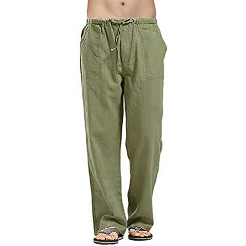 Leinenhose für Herren, Loose Fit Yoga, Hose mit elastischen Kordeln, leichte Taille, Hose, grün, M von Aro Lora