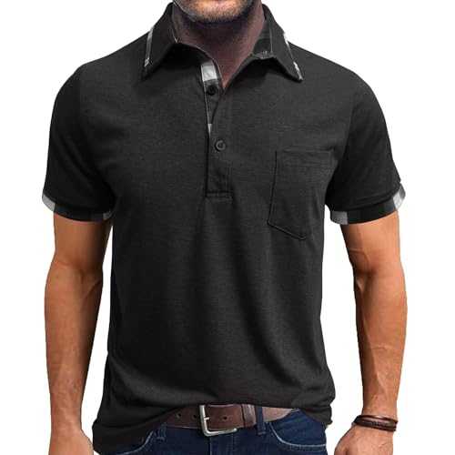 Poloshirt Herren Kurzarm Polo Karierter Kragen Kontrast Polohemd Klassisches Sommer Golf Sports T Shirts Schwarz XXL von Aro Lora