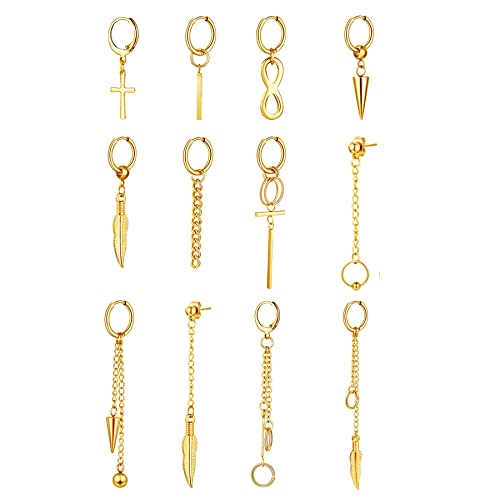 Aroncent 12 PCS Damen Ohrringe Set Edelstahl Creolen Kette Ohrhänger Huggie Ohr Piercing, Gold von Aroncent