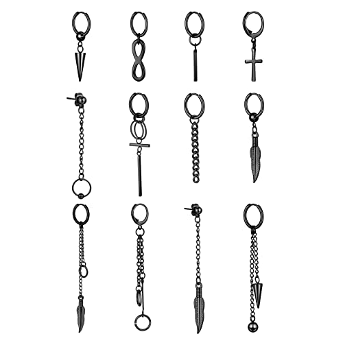 Aroncent 12 PCS Damen Ohrringe Set Edelstahl Creolen Kette Ohrhänger Huggie Ohr Piercing, Schwarz von Aroncent