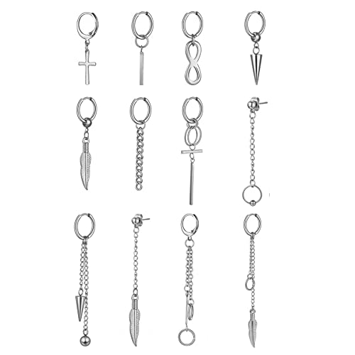 Aroncent Damen Ohrringe Ohrstecker Set: 12 PCS Edelstahl Creolen Kette Ohrhänger Huggie Ohr Piercing Silber von Aroncent