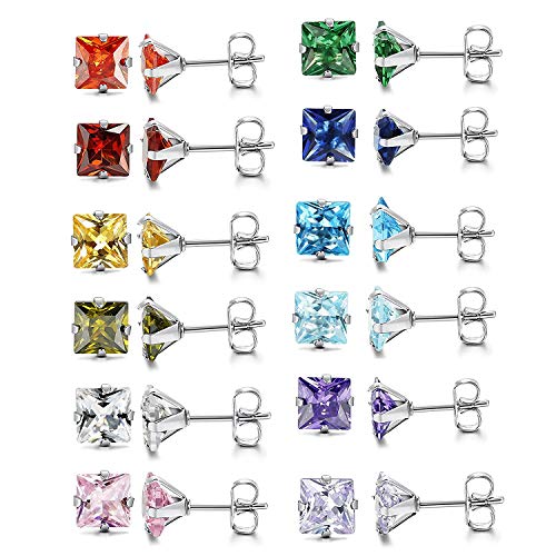 Aroncent 12 Paar Quadrat Ohrstecker Set 3mm viereckige Zirkonia Edelstahl Ohrringe Ohr-Piercing für Kinder Mädchen von Aroncent