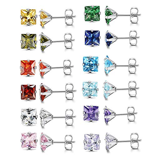 Aroncent 12 Paar Quadrat Ohrstecker Set 5mm viereckige Zirkonia Edelstahl Ohrringe Ohr-Piercing für Kinder Mädchen von Aroncent