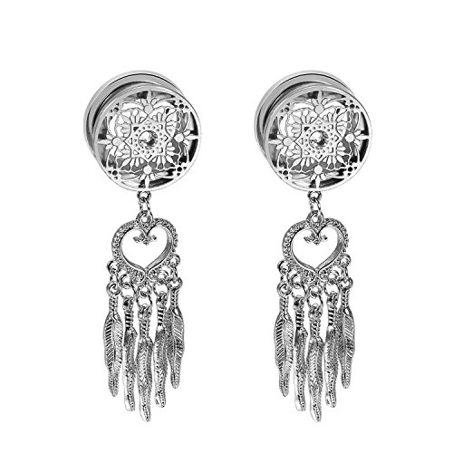 Aroncent 16mm Edelstahl Flesh Tunnel Plug Ohrstecker Ohrpiercing Ohr Expander Piercing Damen Silber mit Vintage Traumfänger Dreamcatcher Feder Anhänger von Aroncent